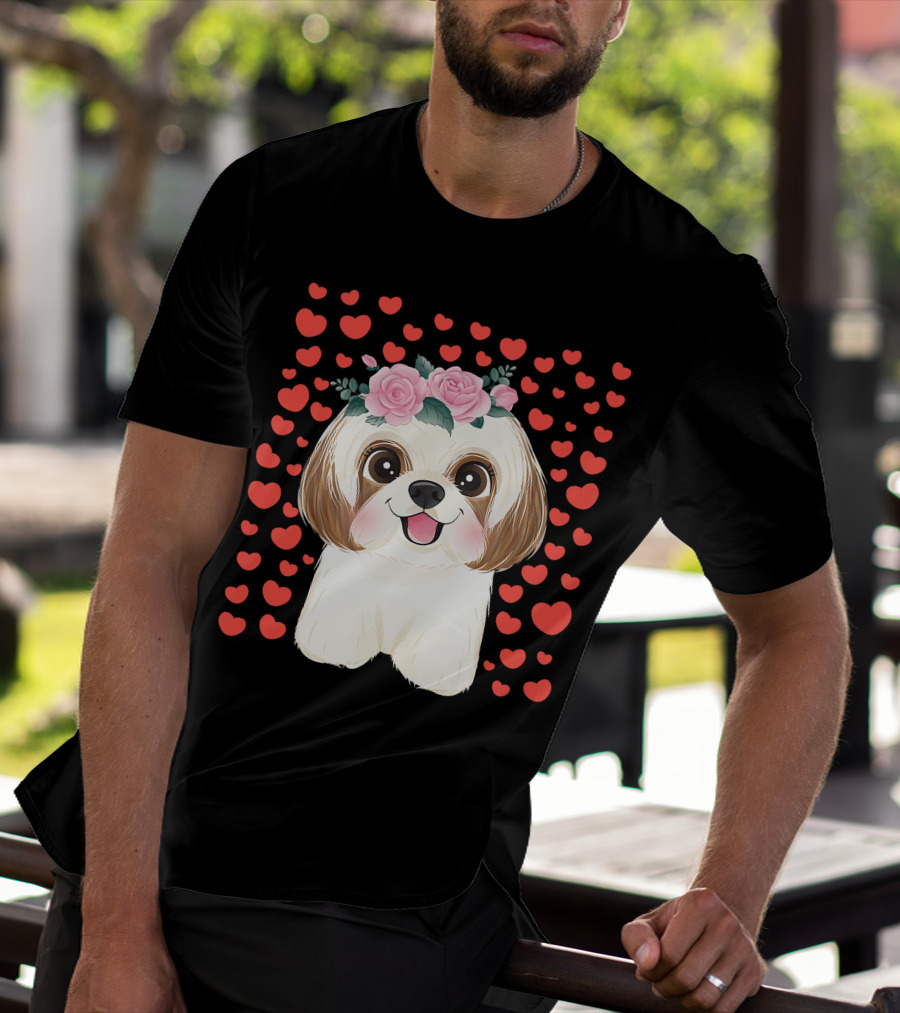 Cute Shih Tzu Valentine's Day Red Hearts Dog Flowers T-Shirt
