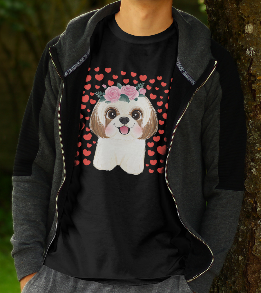Cute Shih Tzu Valentine's Day Red Hearts Dog Flowers T-Shirt