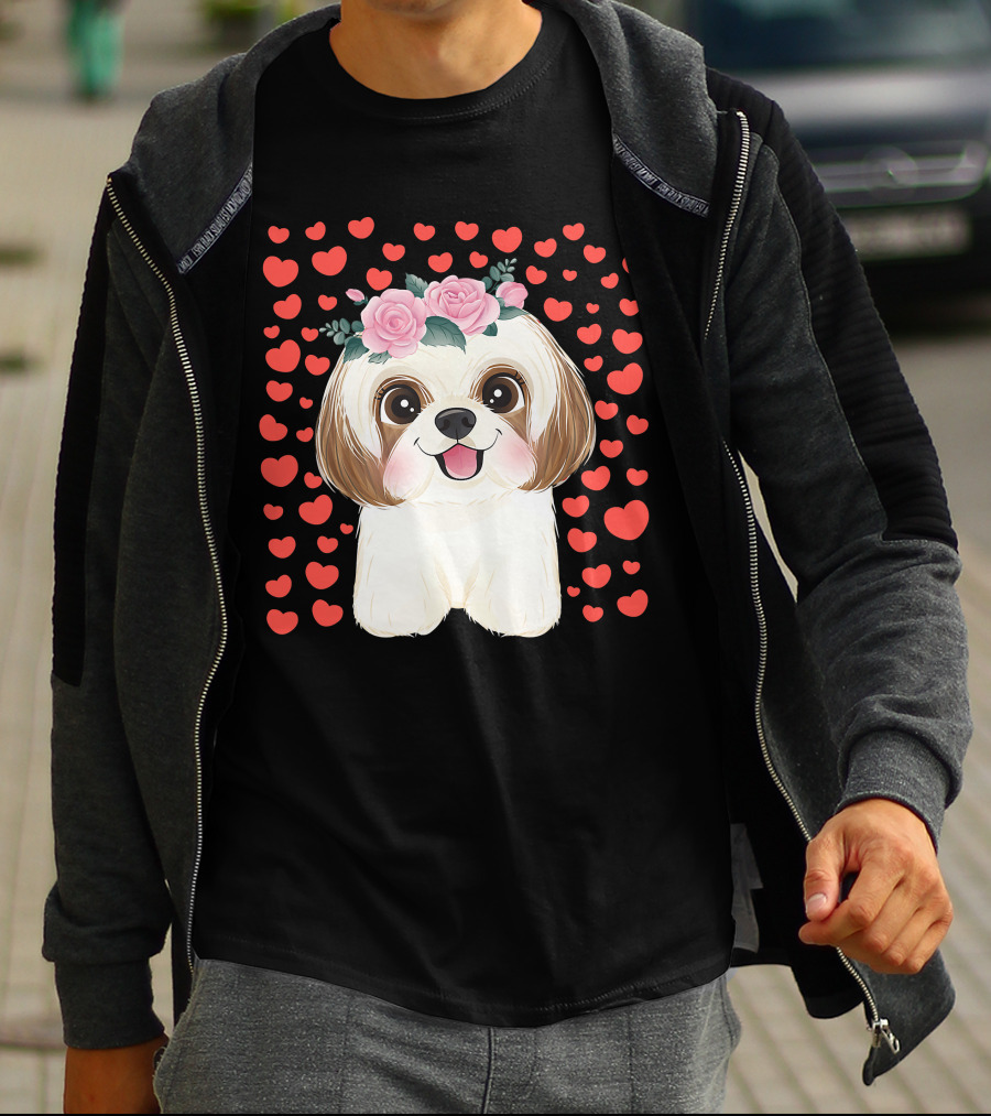 Cute Shih Tzu Valentine's Day Red Hearts Dog Flowers T-Shirt