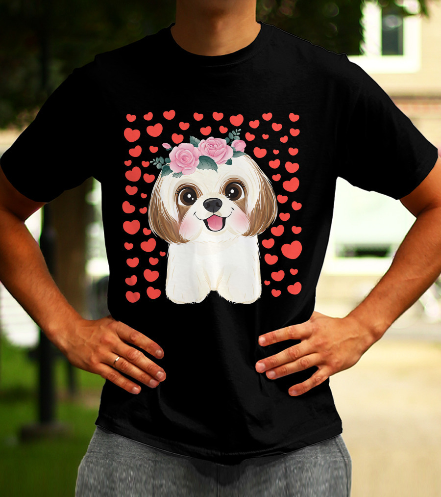 Cute Shih Tzu Valentine's Day Red Hearts Dog Flowers T-Shirt