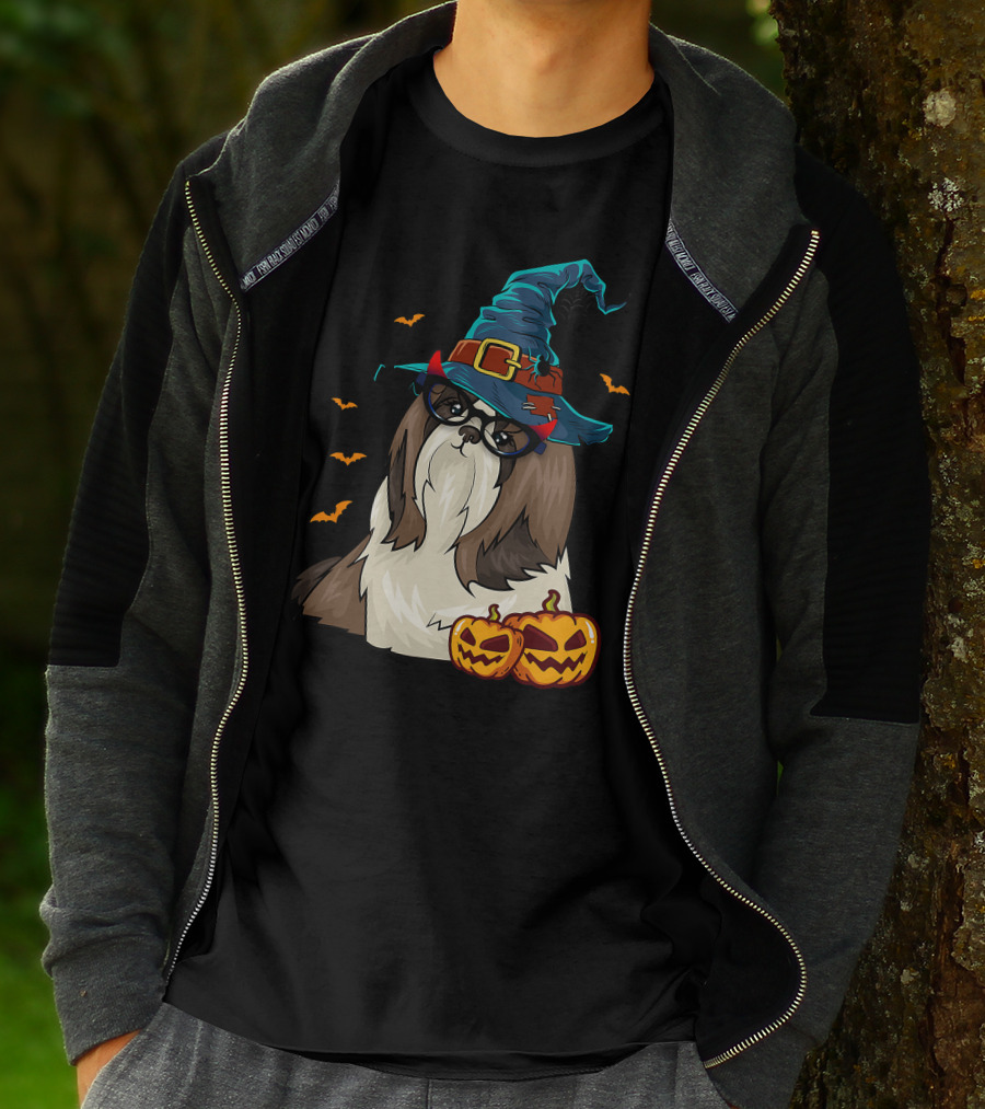Cute Shih Tzu Glasses Witch Hat Halloween Pumpkins Bats T-Shirt