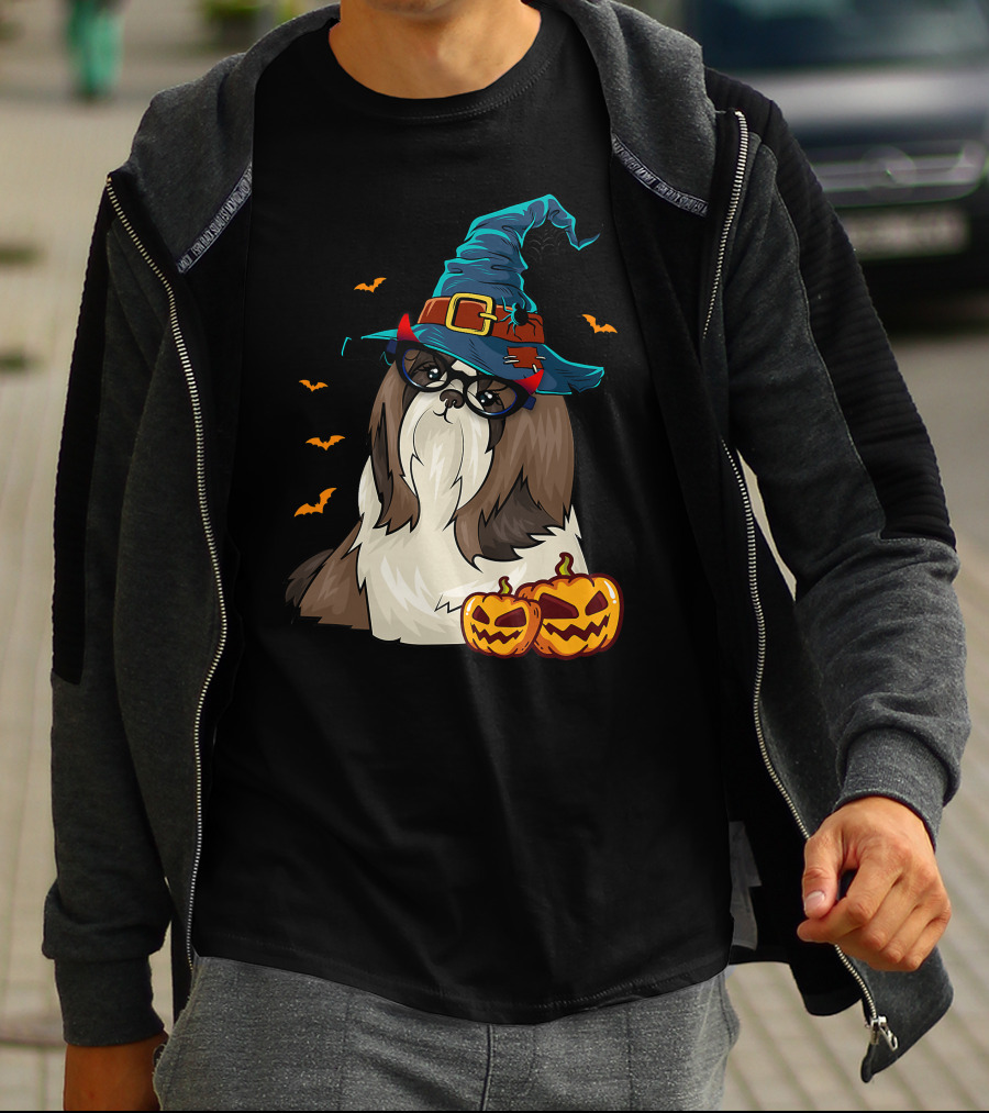 Cute Shih Tzu Glasses Witch Hat Halloween Pumpkins Bats T-Shirt
