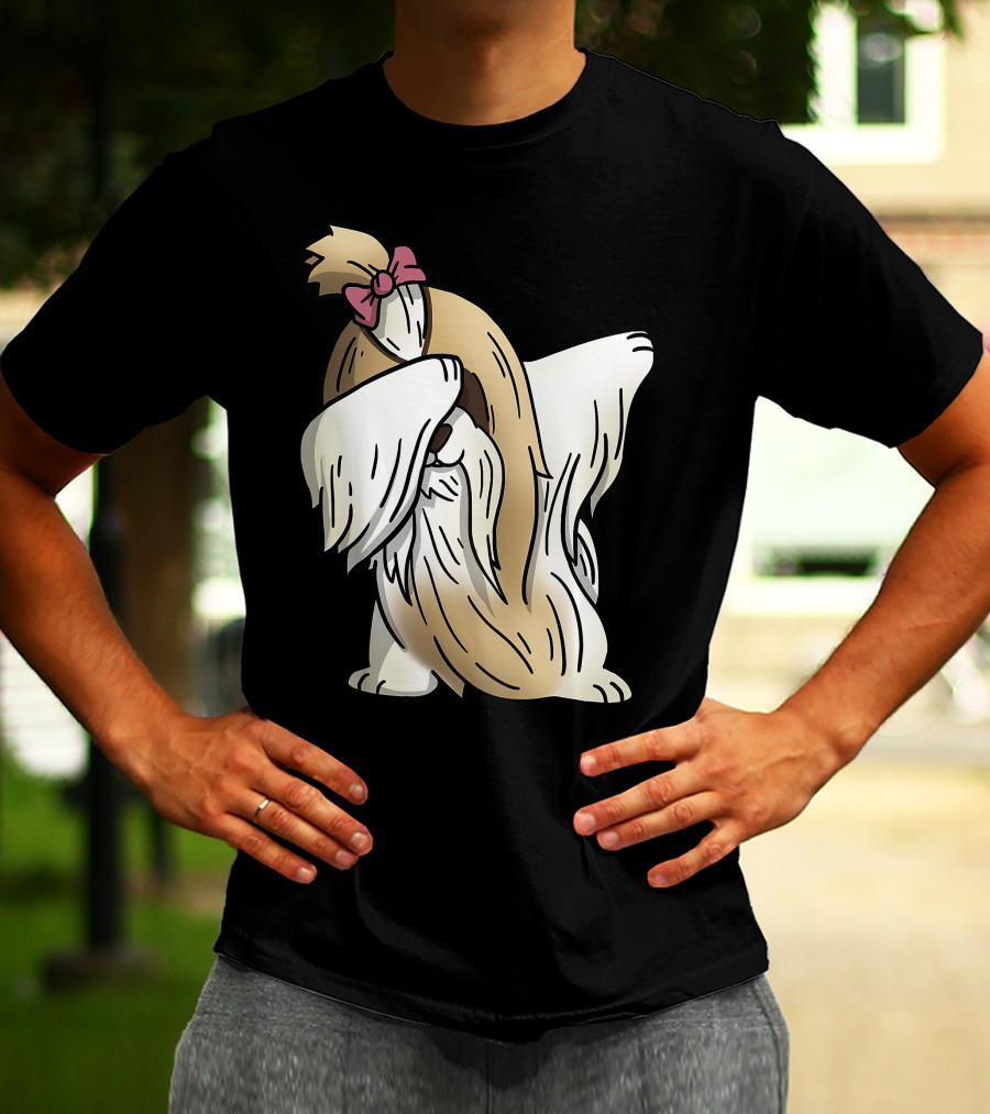 Dabbing Shih Tzu Dab Dance Long-Coated Dog With Bow T-Shirt