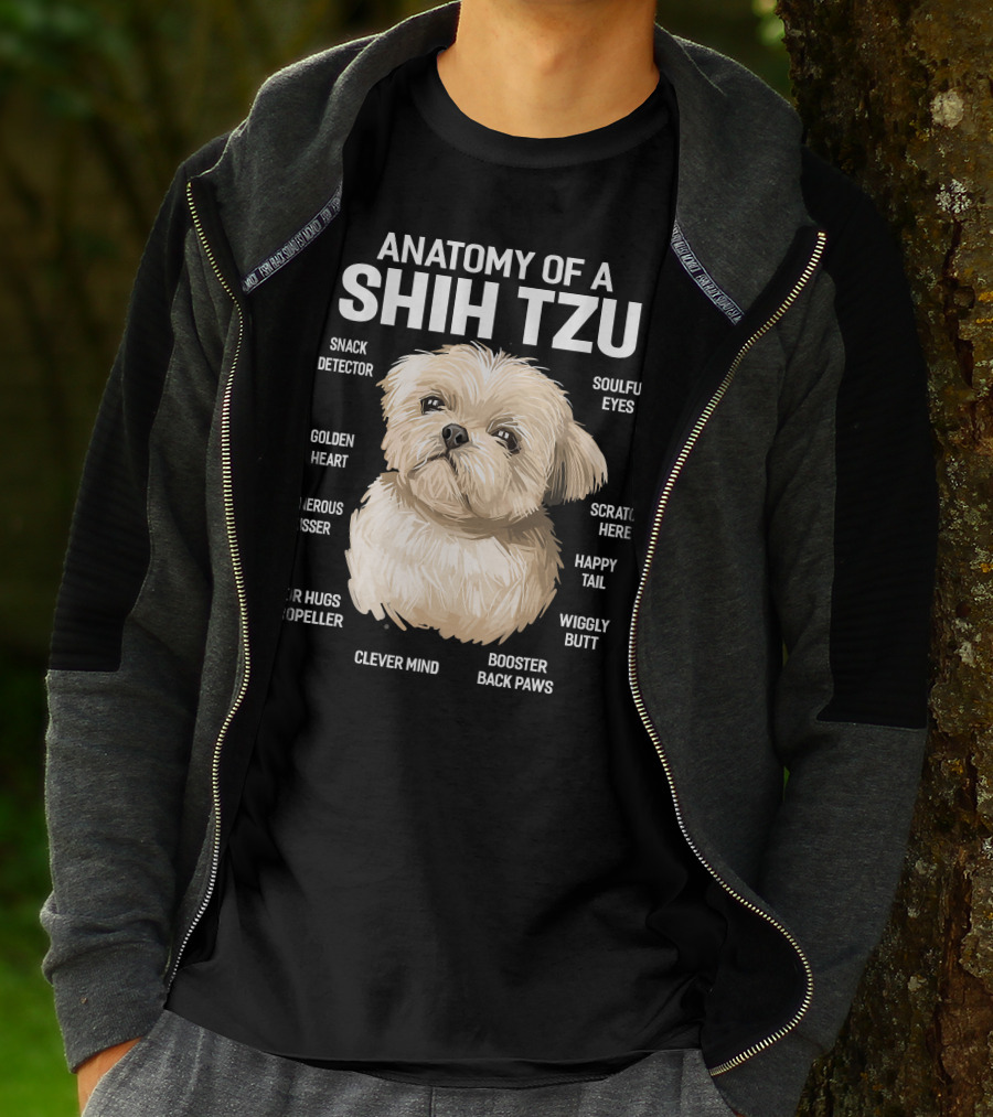 Anatomy Of A Shih Tzu Dog 365 Fluff Button Snowball Feature Cuddle Zone Pillow Tail Black Button Sniffer Ears Pom Pom Paws Wookie Chewbacca Eyes T-Shirt