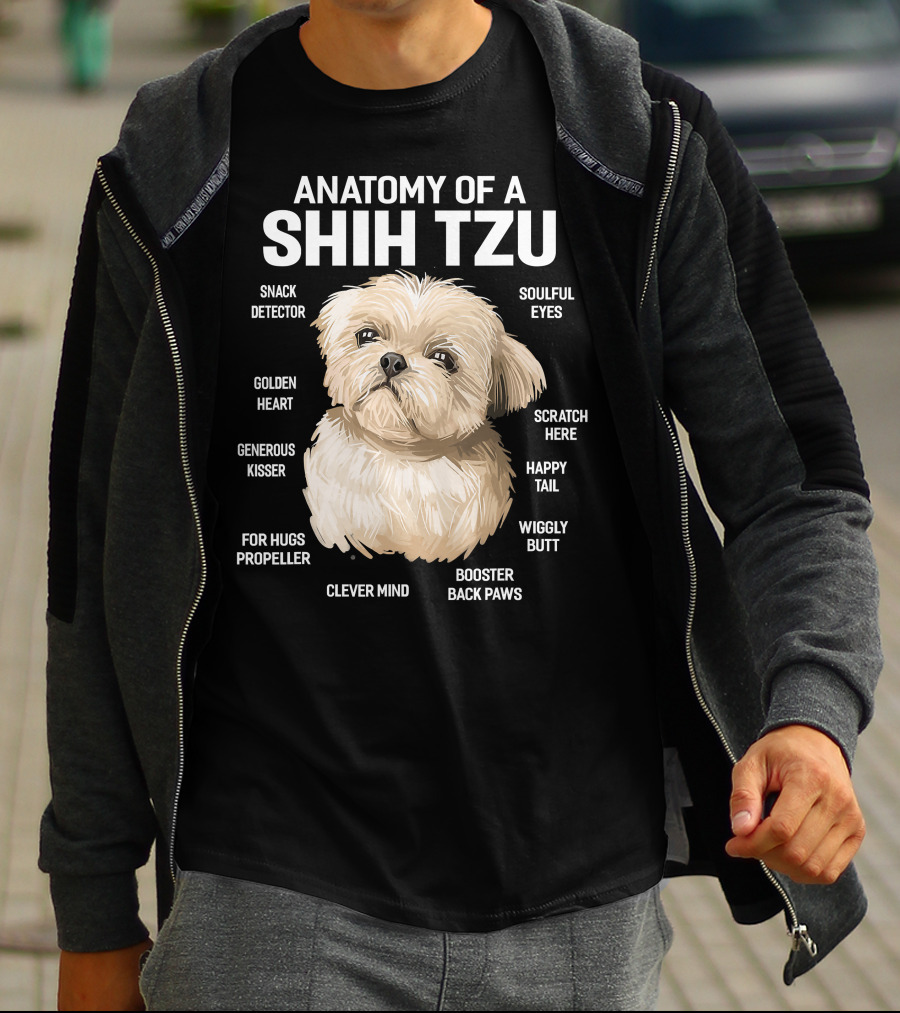 Anatomy Of A Shih Tzu Dog 365 Fluff Button Snowball Feature Cuddle Zone Pillow Tail Black Button Sniffer Ears Pom Pom Paws Wookie Chewbacca Eyes T-Shirt