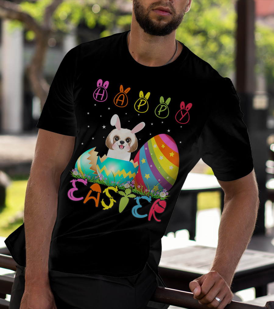 Happy Easter Day Shih Tzu Dog In Colorful Egg Matching T-Shirt