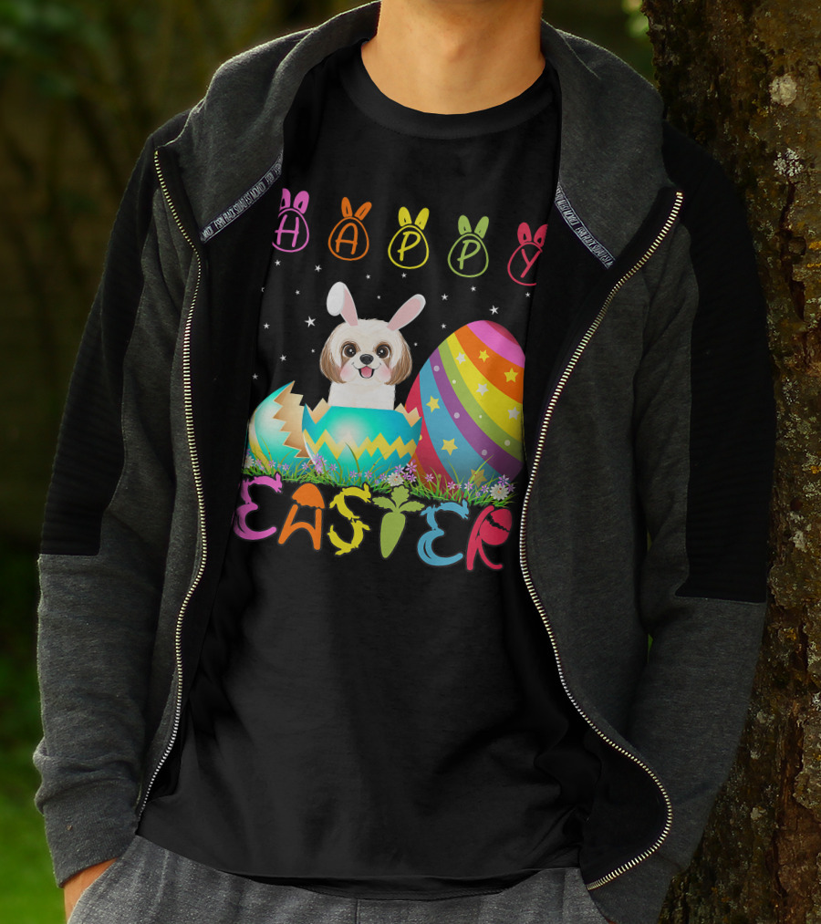 Happy Easter Day Shih Tzu Dog In Colorful Egg Matching T-Shirt