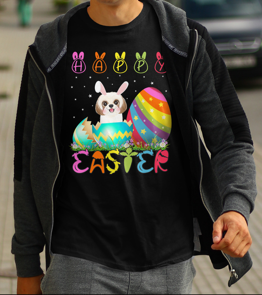 Happy Easter Day Shih Tzu Dog In Colorful Egg Matching T-Shirt