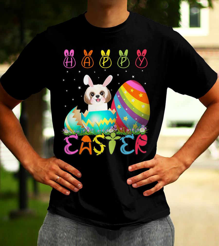 Happy Easter Day Shih Tzu Dog In Colorful Egg Matching T-Shirt