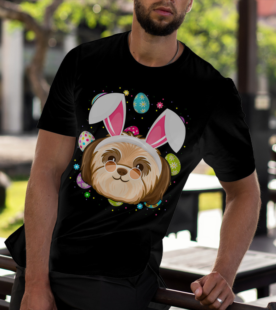 Easter Egg Lover Bunny Ear Shih Tzu Dog Face Easter T-Shirt