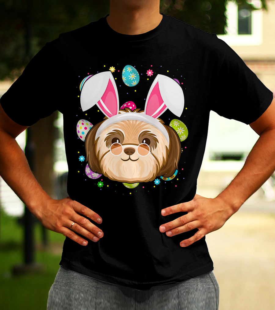 Easter Egg Lover Bunny Ear Shih Tzu Dog Face Easter T-Shirt