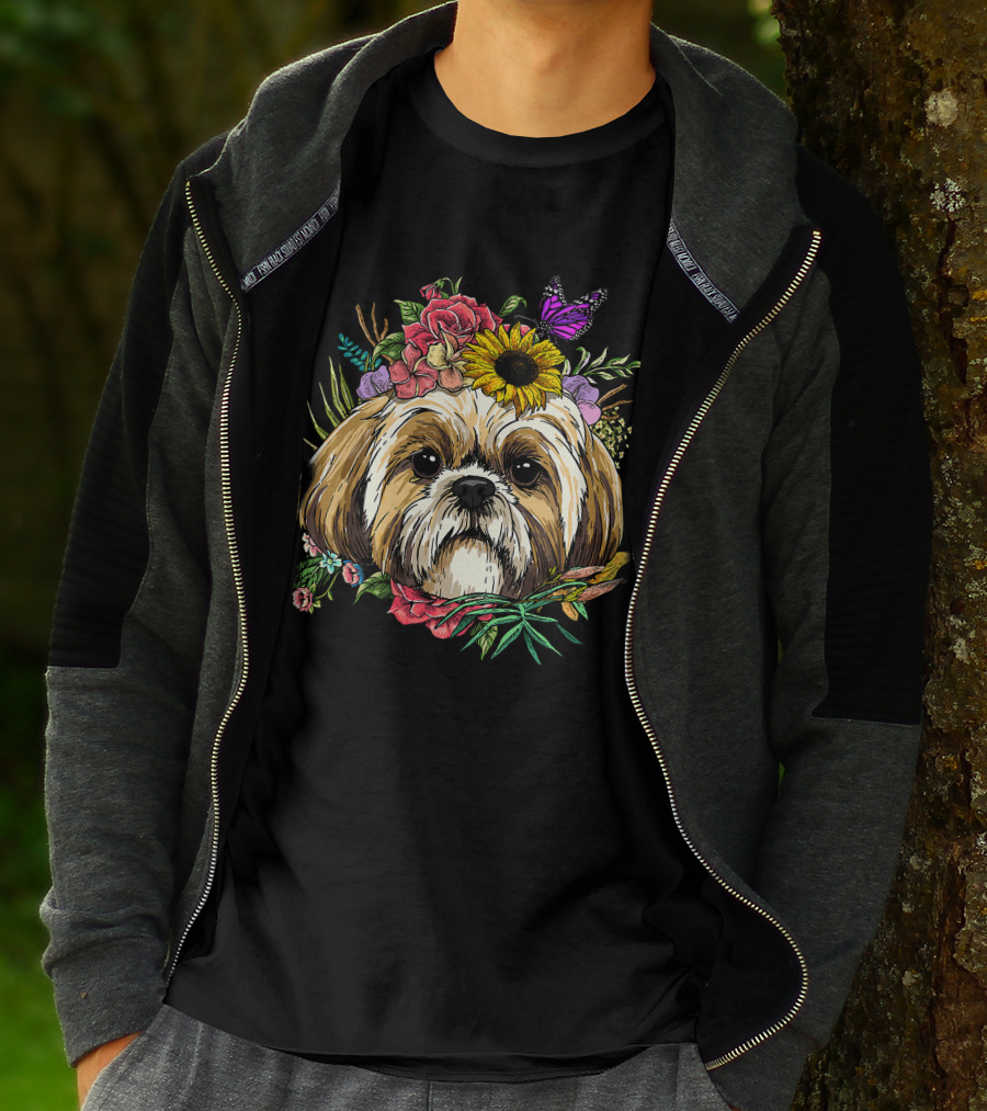 Floral Shih Tzu Dog With Butterfly And Spring Flowers For Nature And Shih Tzu Lovers T-Shirt