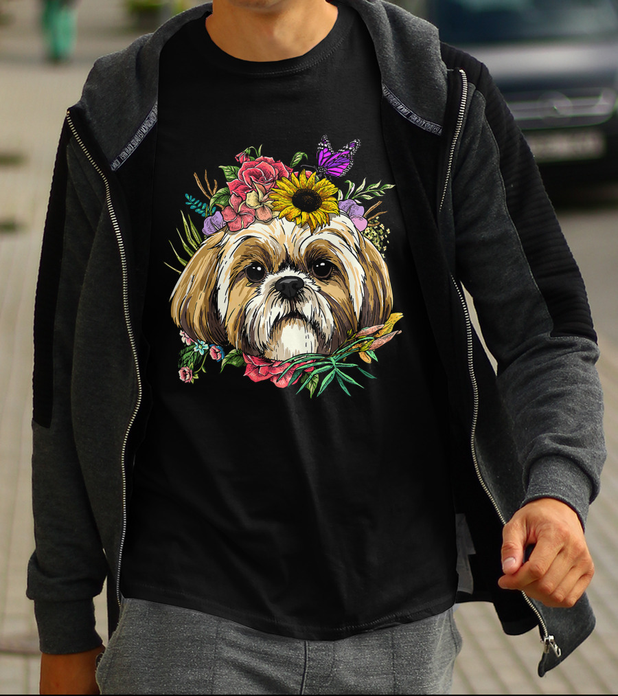Floral Shih Tzu Dog With Butterfly And Spring Flowers For Nature And Shih Tzu Lovers T-Shirt
