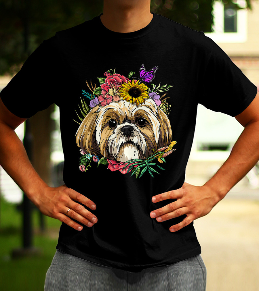Floral Shih Tzu Dog With Butterfly And Spring Flowers For Nature And Shih Tzu Lovers T-Shirt