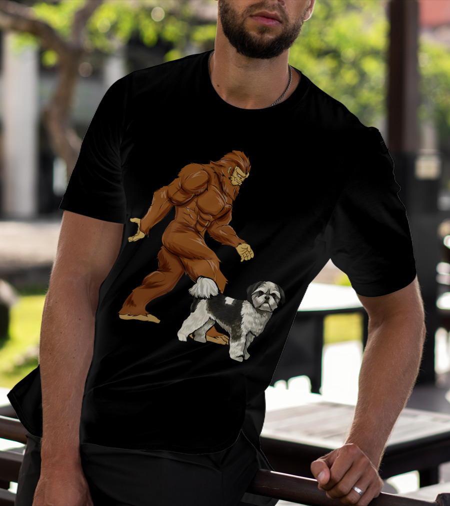Funny Bigfoot Walking Shih Tzu Sasquatch Dog Comic T-Shirt