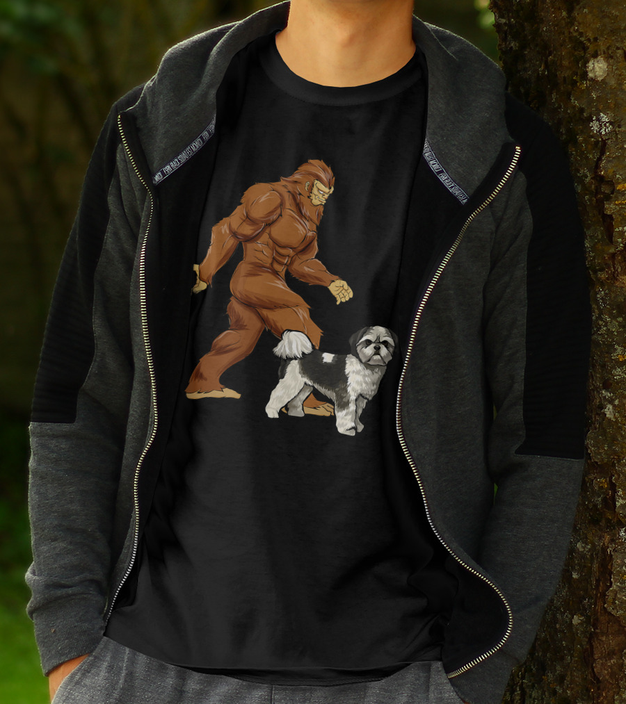 Funny Bigfoot Walking Shih Tzu Sasquatch Dog Comic T-Shirt