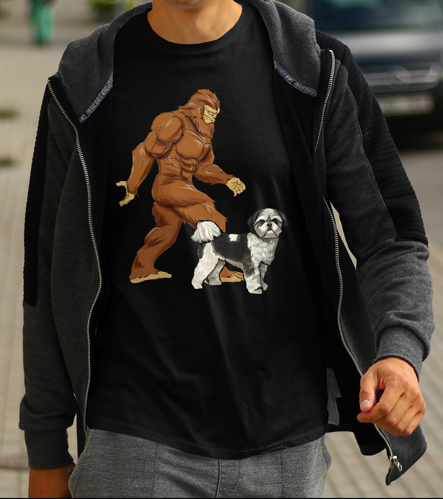Funny Bigfoot Walking Shih Tzu Sasquatch Dog Comic T-Shirt