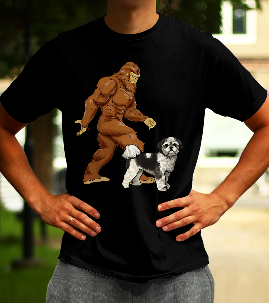 Funny Bigfoot Walking Shih Tzu Sasquatch Dog Comic T-Shirt