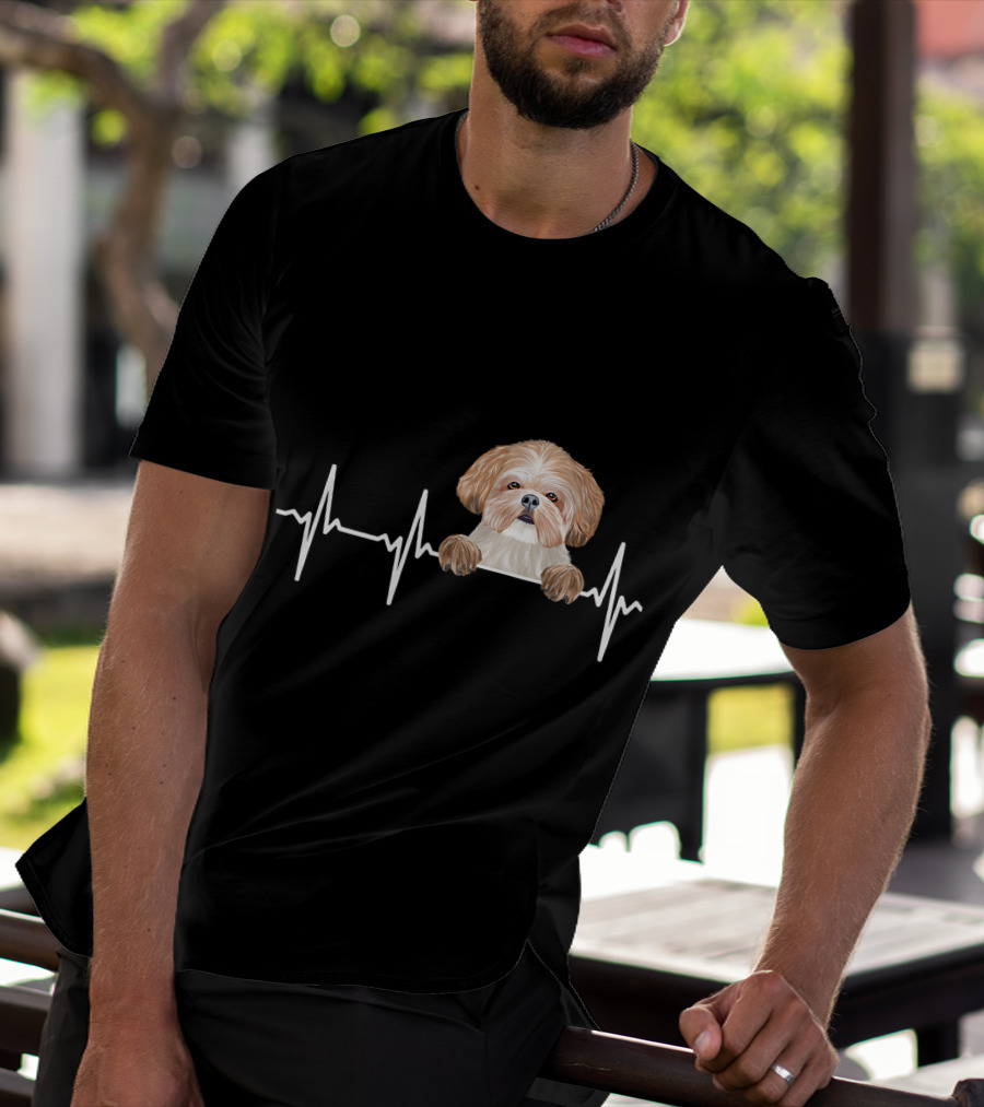 Heartbeat Line With Cute Shih Tzu Illustration For Funny Dog Lovers T-Shirt