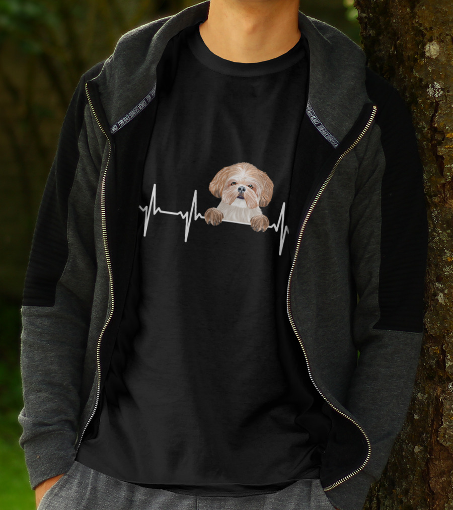 Heartbeat Line With Cute Shih Tzu Illustration For Funny Dog Lovers T-Shirt