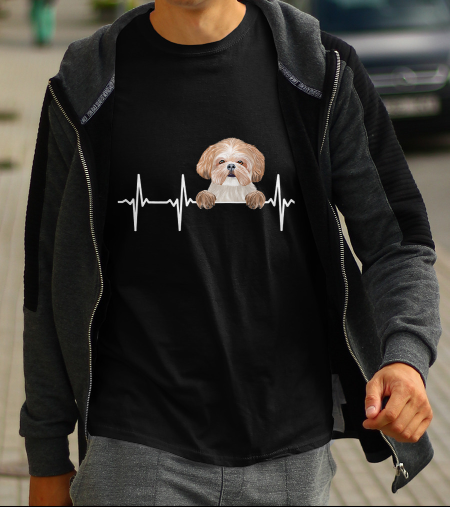 Heartbeat Line With Cute Shih Tzu Illustration For Funny Dog Lovers T-Shirt