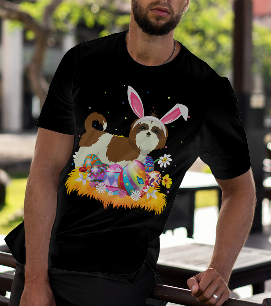 Shih Tzu Bunny Ears With Colorful Easter Eggs And Flowers For Easter Sunday T-Shirt