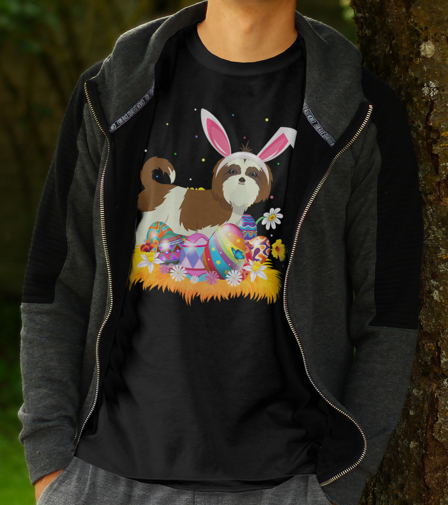 Shih Tzu Bunny Ears With Colorful Easter Eggs And Flowers For Easter Sunday T-Shirt