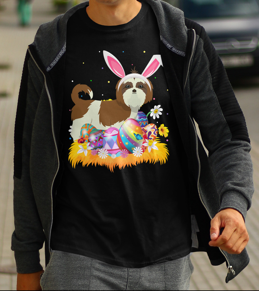 Shih Tzu Bunny Ears With Colorful Easter Eggs And Flowers For Easter Sunday T-Shirt