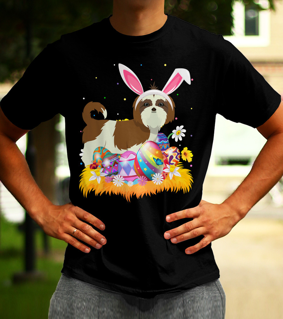 Shih Tzu Bunny Ears With Colorful Easter Eggs And Flowers For Easter Sunday T-Shirt