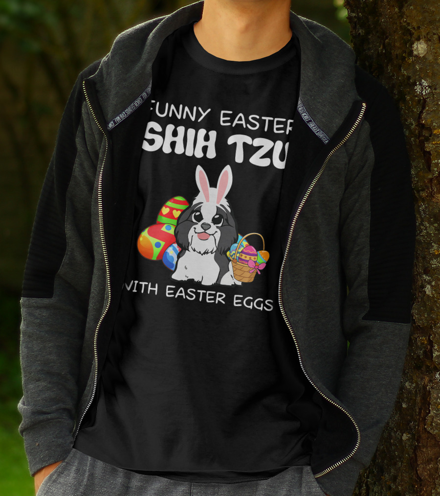 Funny Easter Shih Tzu With Easter Eggs Basket And Bunny Ears T-Shirt