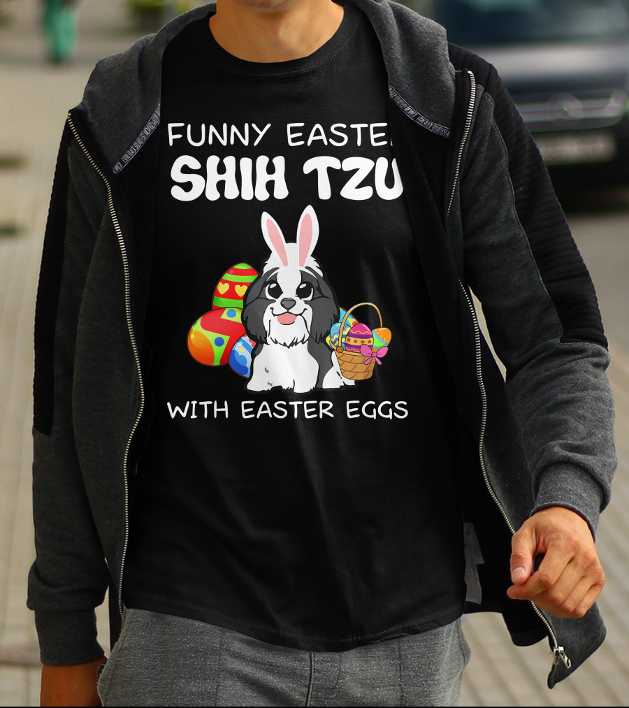 Funny Easter Shih Tzu With Easter Eggs Basket And Bunny Ears T-Shirt
