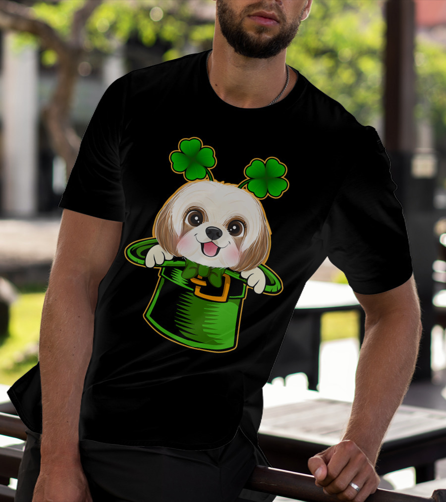Leprechaun Hat Shih Tzu Dog With Green Clover Antennae T-Shirt