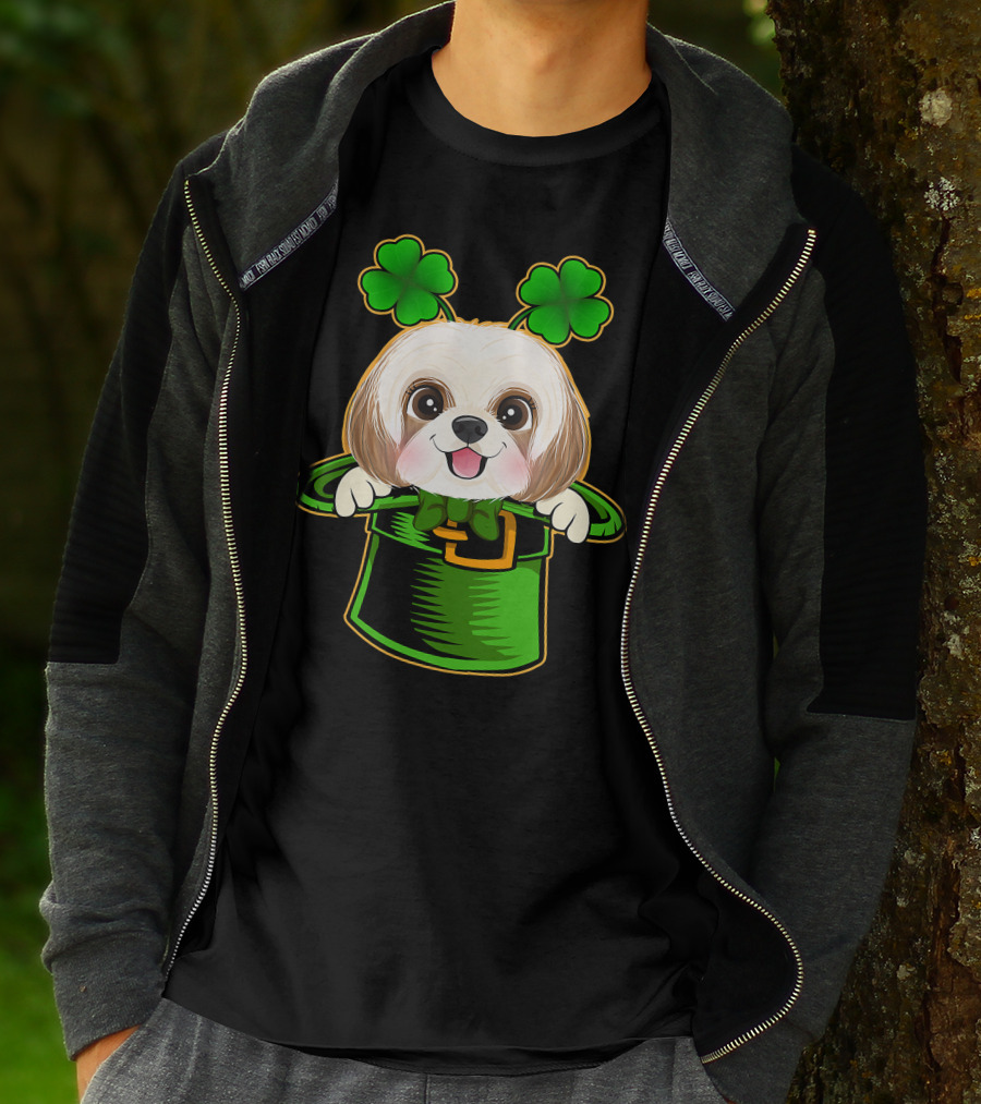 Leprechaun Hat Shih Tzu Dog With Green Clover Antennae T-Shirt