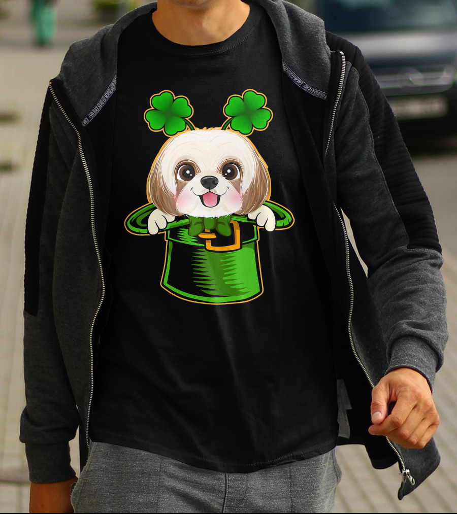Leprechaun Hat Shih Tzu Dog With Green Clover Antennae T-Shirt