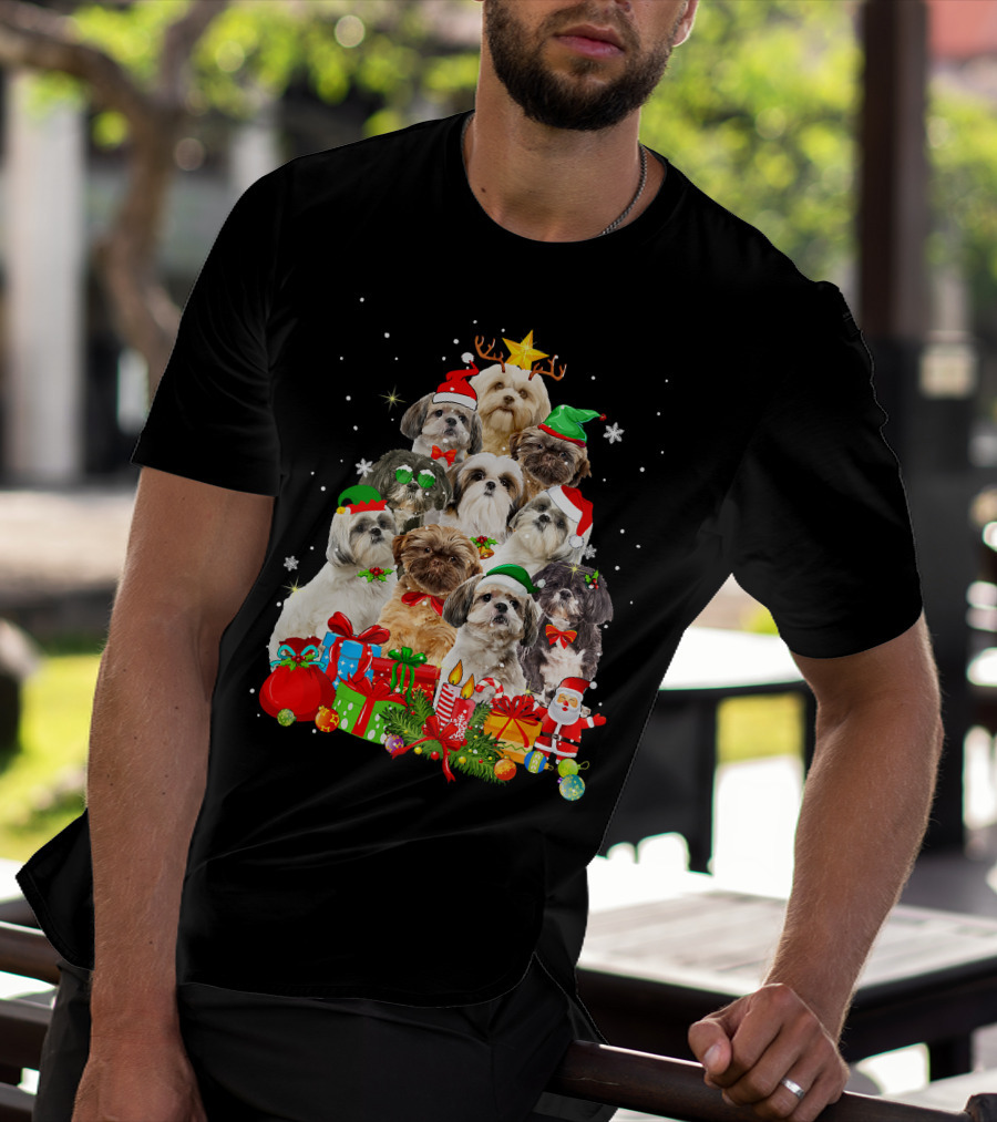 Shih Tzu Christmas Tree With Holiday Lights And Puppy Dogs T-Shirt