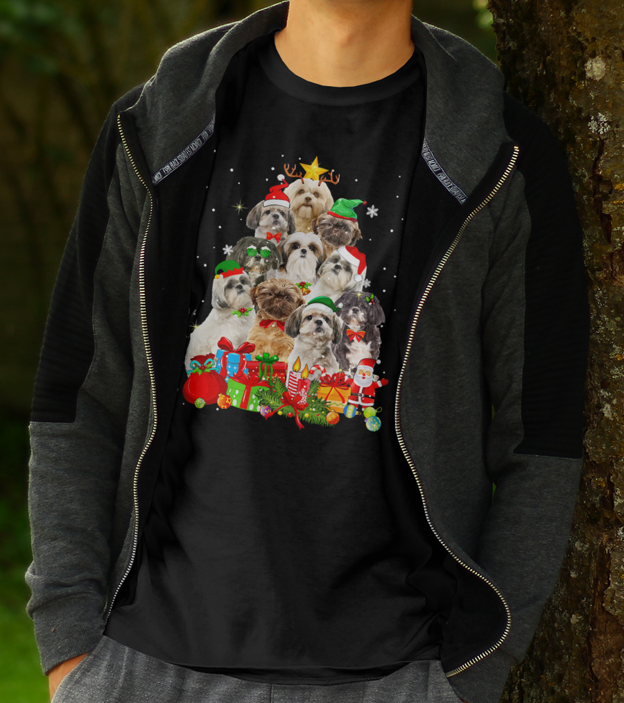 Shih Tzu Christmas Tree With Holiday Lights And Puppy Dogs T-Shirt