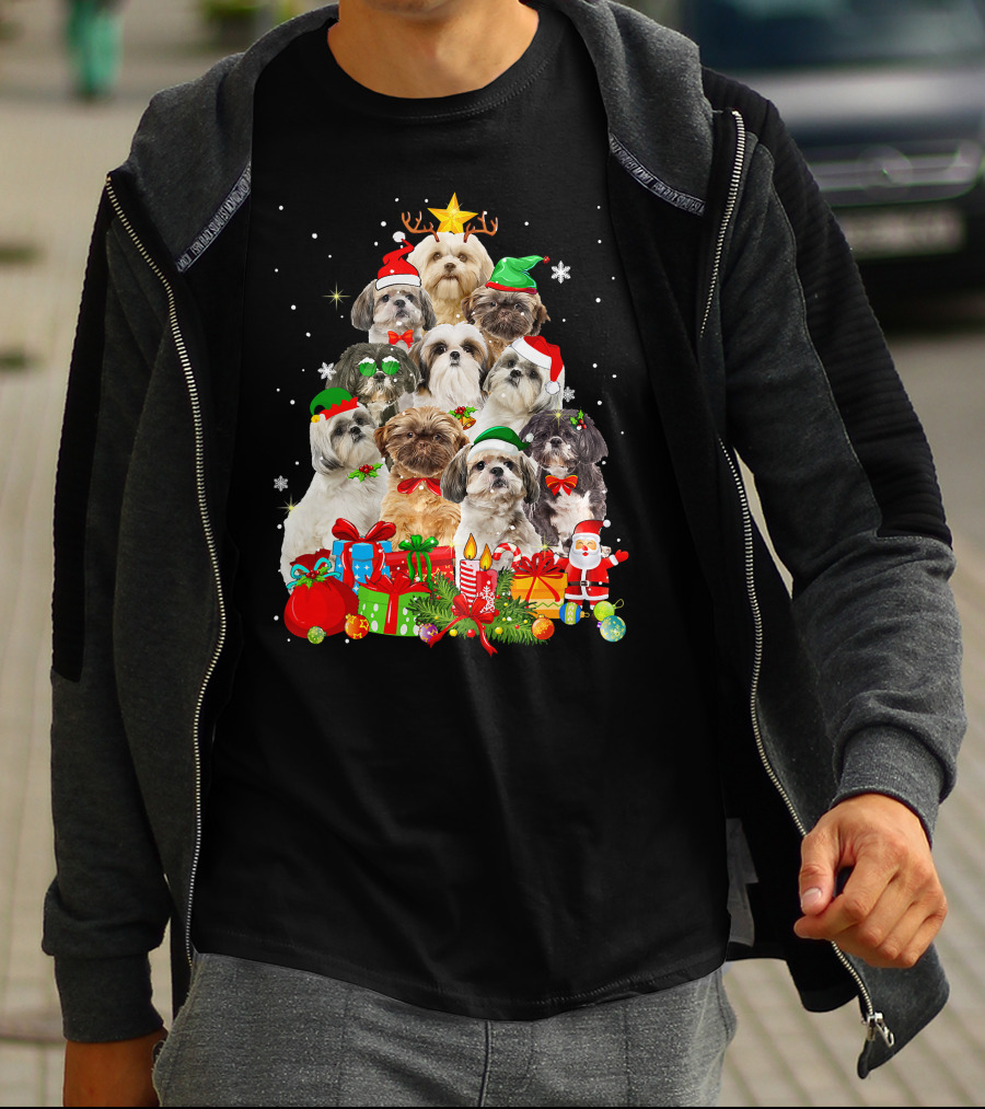 Shih Tzu Christmas Tree With Holiday Lights And Puppy Dogs T-Shirt