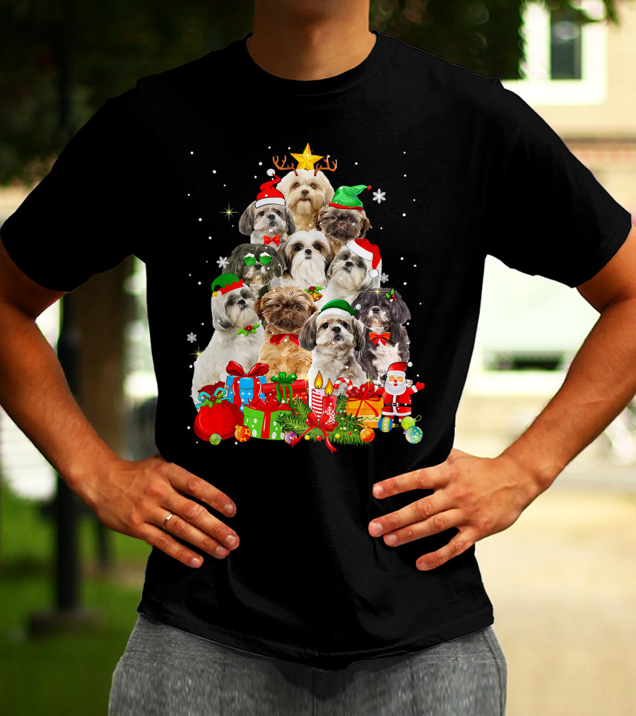 Shih Tzu Christmas Tree With Holiday Lights And Puppy Dogs T-Shirt