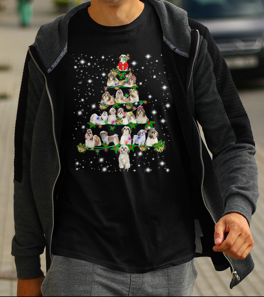 Shih Tzu Christmas Tree Ornament Decor With Dogs In Festive Holiday T-Shirt