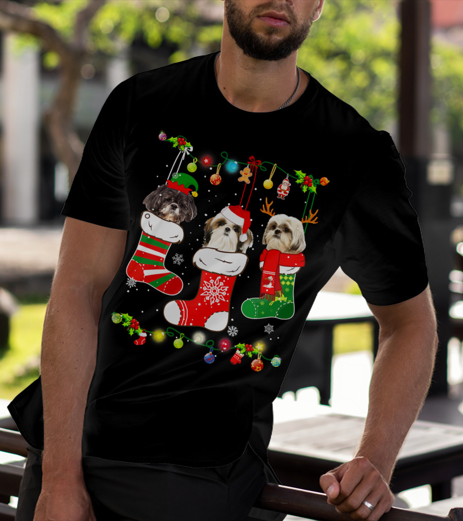 Shih Tzu Dogs In Christmas Stockings With Santa Hats And Christmas Lights T-Shirt