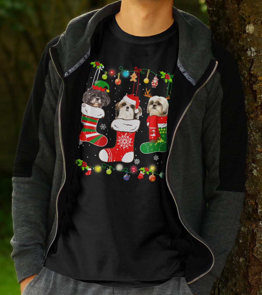 Shih Tzu Dogs In Christmas Stockings With Santa Hats And Christmas Lights T-Shirt