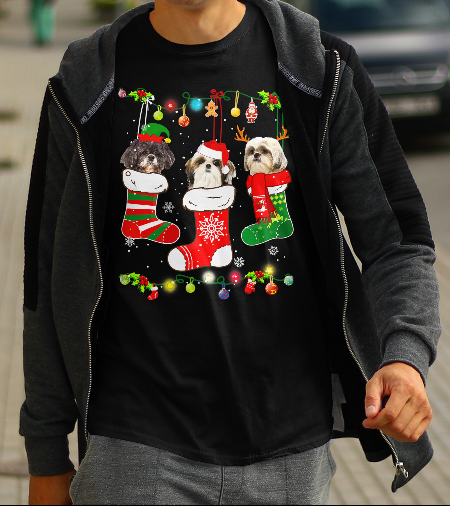 Shih Tzu Dogs In Christmas Stockings With Santa Hats And Christmas Lights T-Shirt