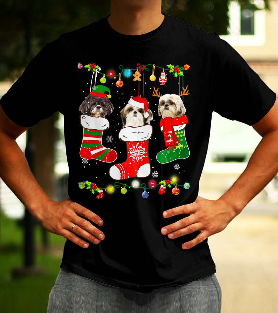 Shih Tzu Dogs In Christmas Stockings With Santa Hats And Christmas Lights T-Shirt