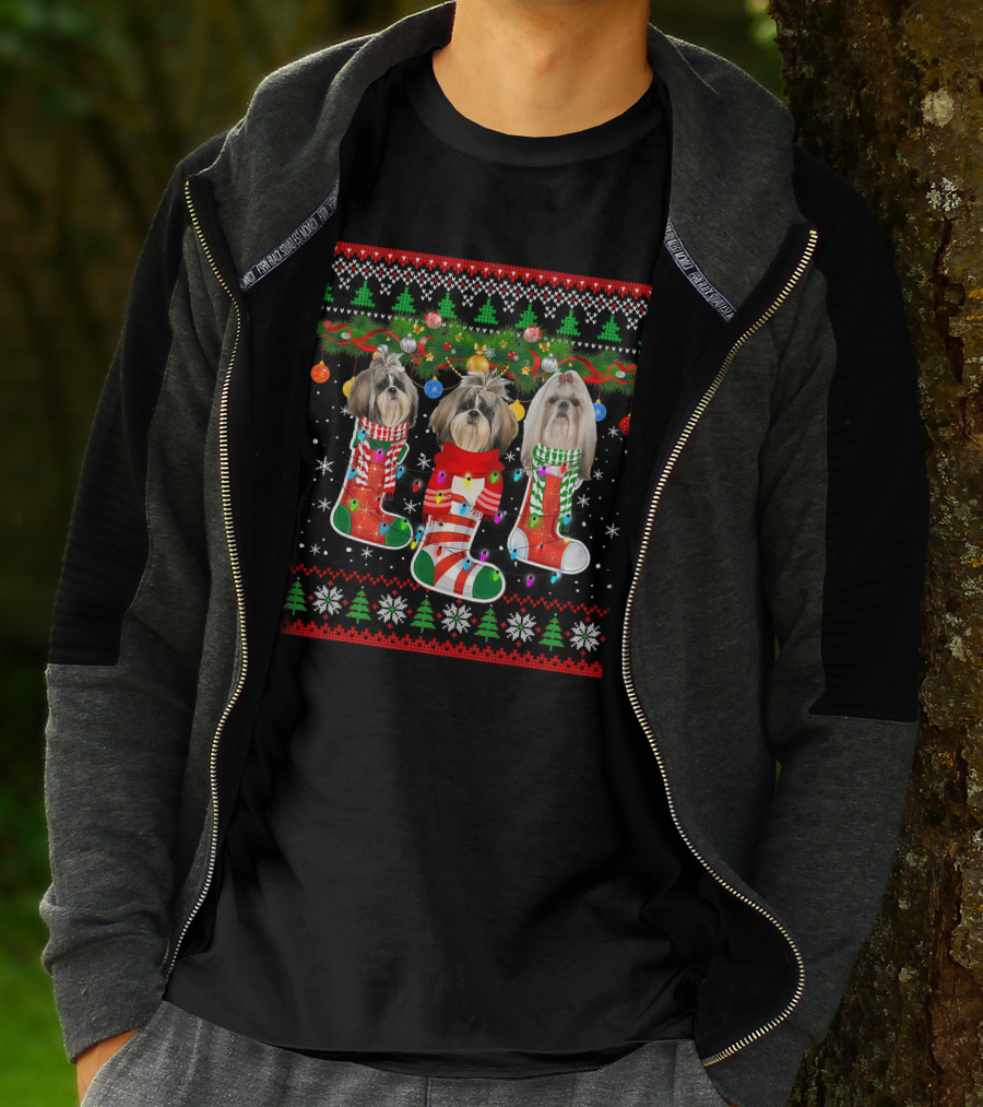 Shih Tzu Dogs Christmas Holiday Socks With Lights And Ornaments T-Shirt
