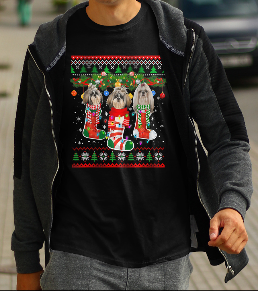 Shih Tzu Dogs Christmas Holiday Socks With Lights And Ornaments T-Shirt
