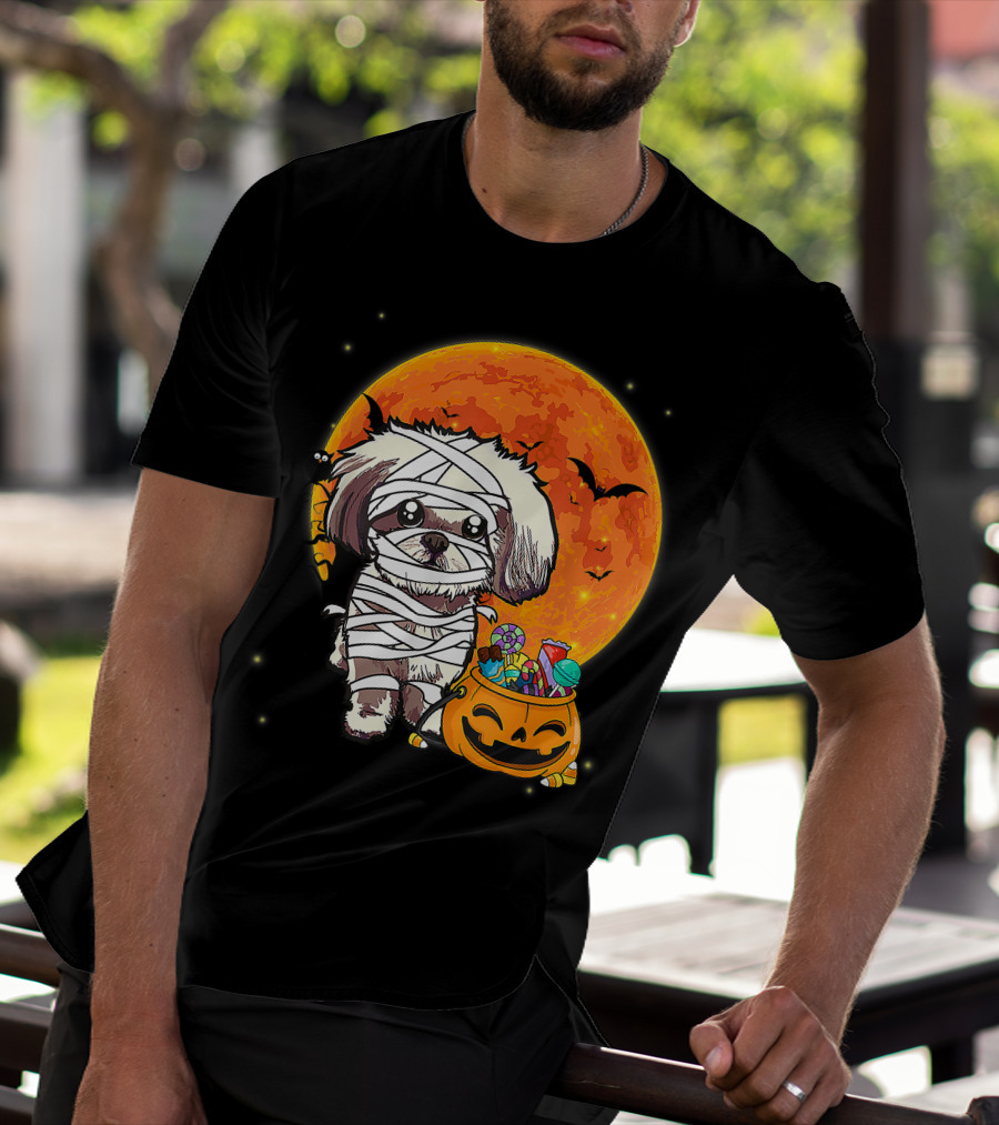 Shih Tzu Mummy Halloween Costume With Pumpkin Candy Bucket And Full Moon T-Shirt