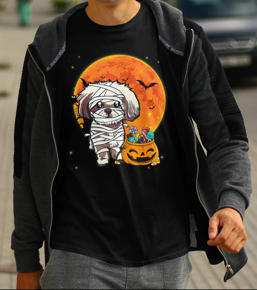 Shih Tzu Mummy Halloween Costume With Pumpkin Candy Bucket And Full Moon T-Shirt