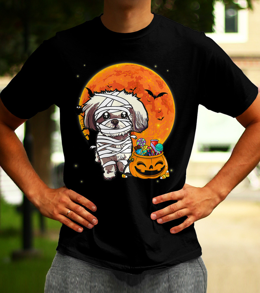 Shih Tzu Mummy Halloween Costume With Pumpkin Candy Bucket And Full Moon T-Shirt