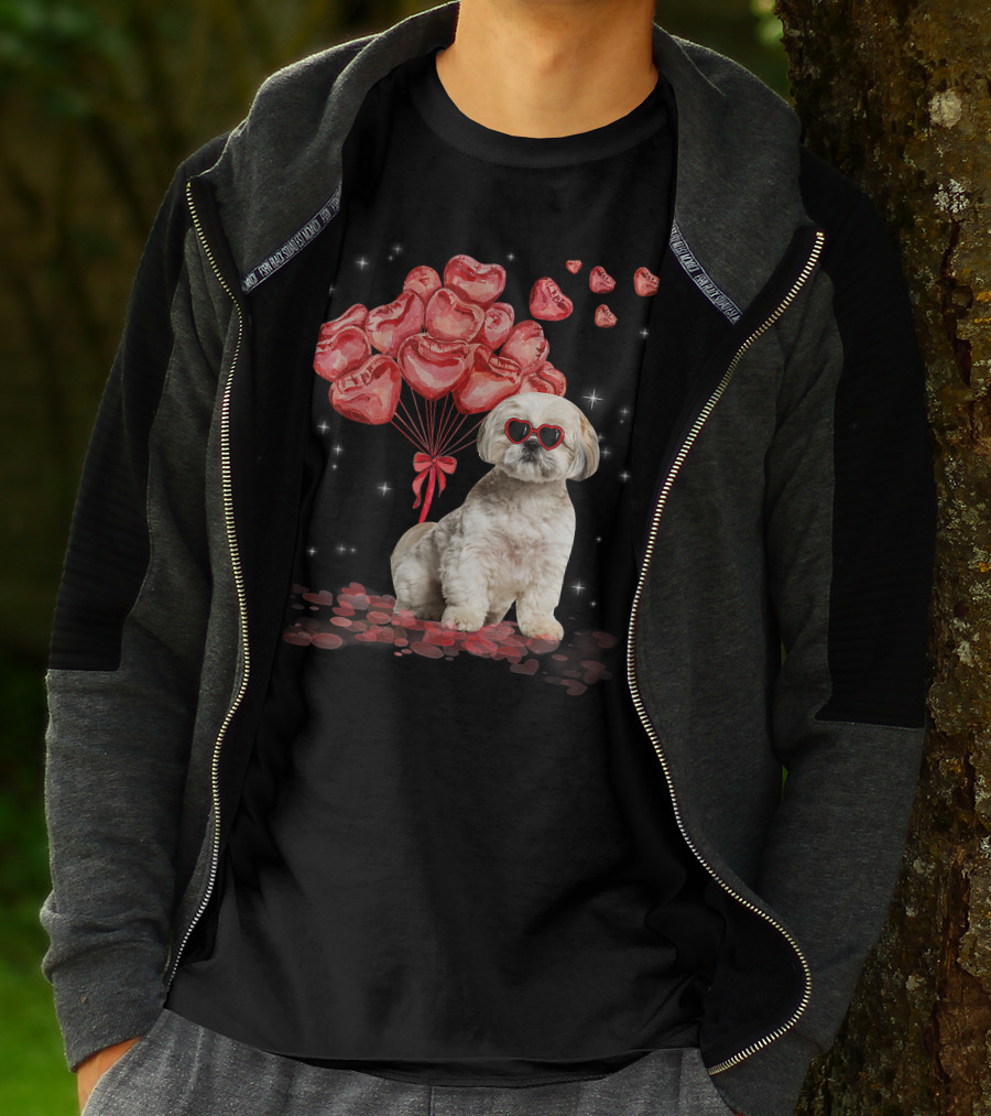 Shih Tzu Heart Balloons Funny Valentines Day Dog Dad Mom T-Shirt