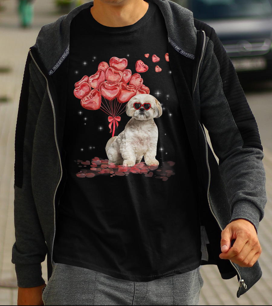 Shih Tzu Heart Balloons Funny Valentines Day Dog Dad Mom T-Shirt